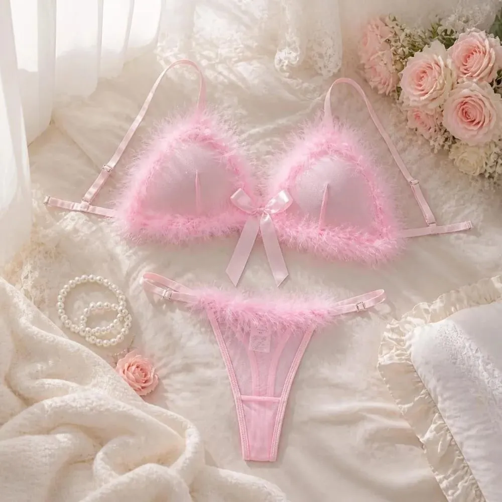 Furry Women's Underwear Mesh Transparent Bow Decor Lingerie Set Romantic Intimate Wireless Bra Panties Suit Anniversary — image 6