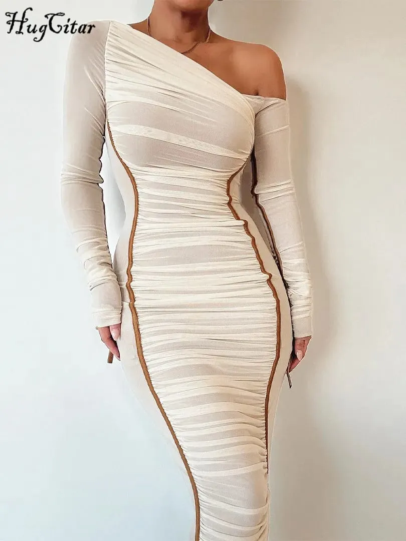 Hugcitar Mesh Kolar pepenjuru Pepejal Lengan Panjang Terbungkus Seksi Gaun Maxi Bodycon Terlihat Melalui Kelab Pesta Pakaian Fesyen Musim Panas — image 2
