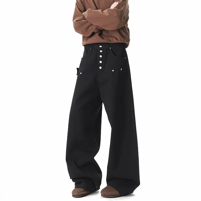 Loose Denim Pants for Men 2026 New Button Decoration Personalized Design Baggy Jeans Men Comfortable Fit Casual Trousers — image 4