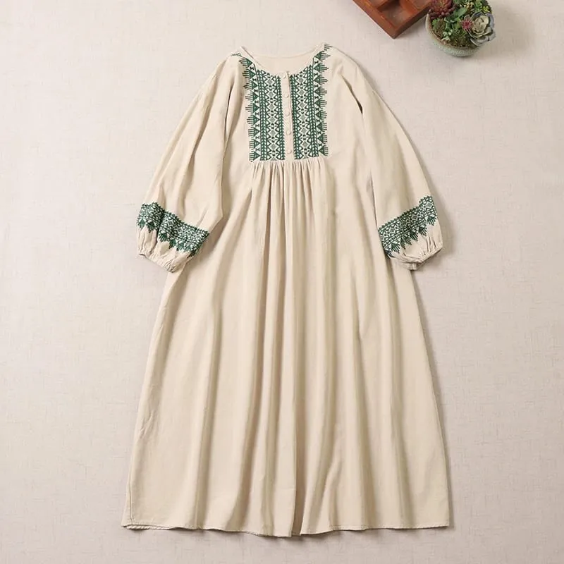 Ele Embroidered Cotton Lin Long Sve Dr Loose Fit A-Line Silhouette Maxi Skirt for Autumn Season Women's Faion — image 7