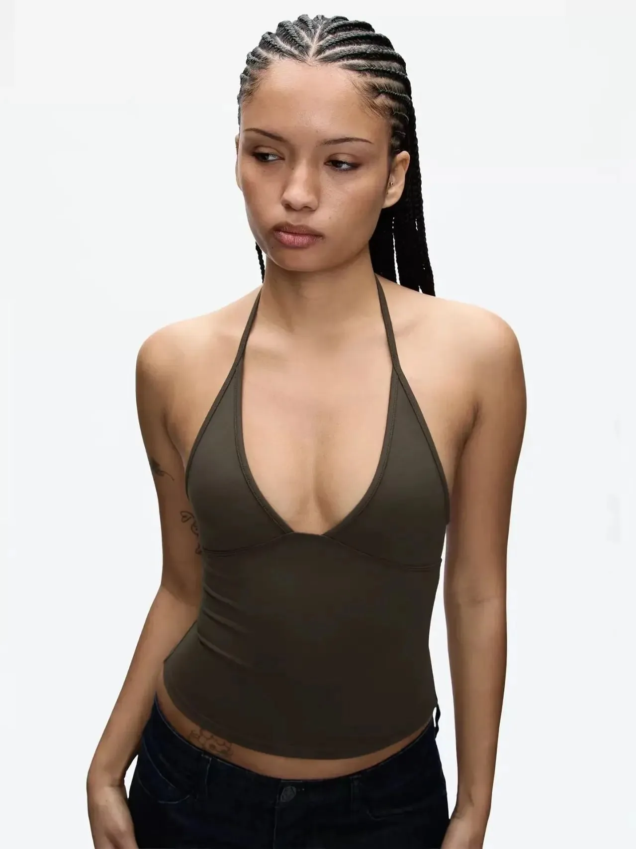 Tank Vest Deep V Halter Solid Color Basic Sleeveless Top Soil Brown Camisole — image 3