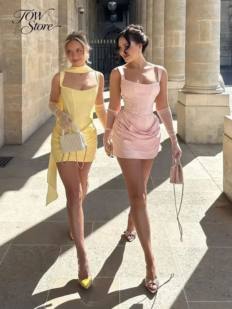 Square-neck Halter Mini Dress Women Sexy Pleated Sleeveless Backless High Waist Bodycon Dresses 2026 Women's Summer Party Robes — image 3