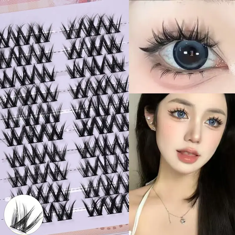 Light Matte Fiber W-Shape Fluffy Cluster Lashes 10 Rows 60 Uncut Clusters Natural DIY Anime Eye Makeup Lashes for Daily Office