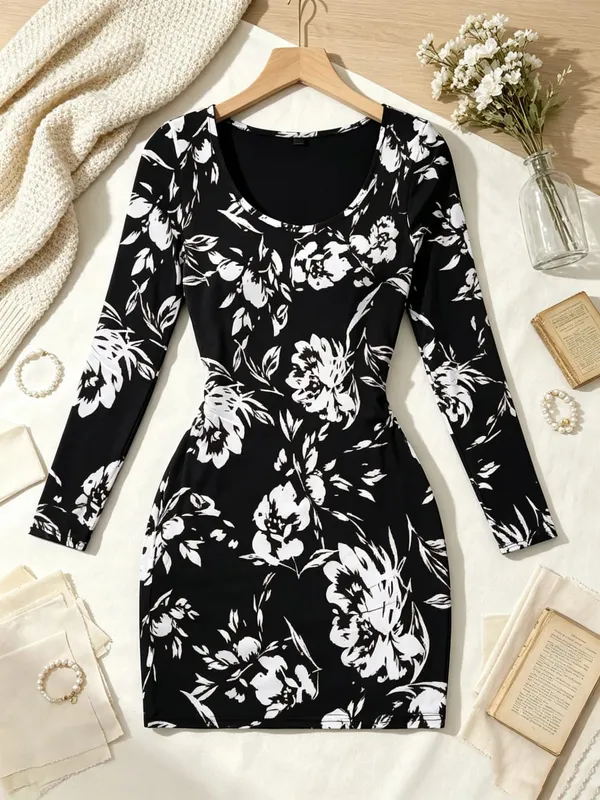 Women's Casual Long-Sleeved Floral Print Dress with Pockets round Neck Waist Cinching Mini Skirt Length for Autumn