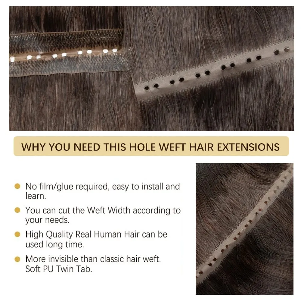 Butterfly Weft Hair Extensions Human Hair Invisible Flat PU with Hole Twin Tabs Hair Weft 12-24inch Microlink Application 40-50g