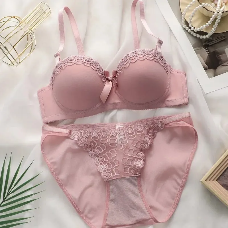 Women's Pink Lace Bra and Panty Set Push Up Underwire Bow Detail Lingerie 2026 — image 1