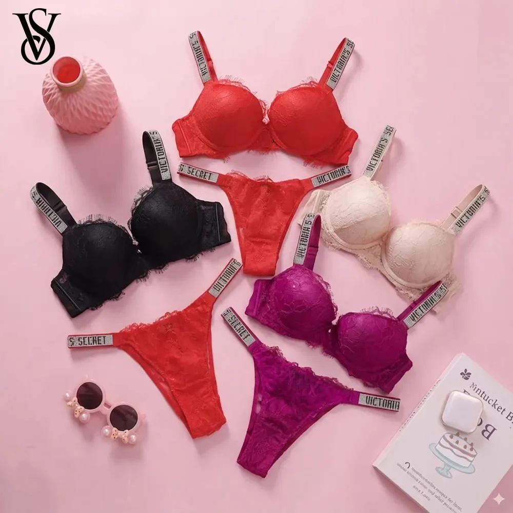 Victoria's Secret Sexy Lace Trim Pattern Breathable Gathered Padded New Soft Bra and Panty Set Classic Women's Lingerie Set — image 1