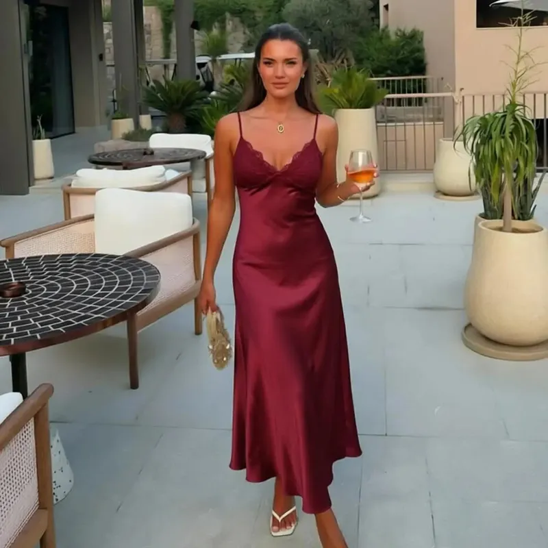 Solid Satin Lace Slip Dress Spaghetti Strap Trim Women V-neck Bias Cut Maxi Dresses 2026 Lady Elegant Evening Party Summer Gown — image 9