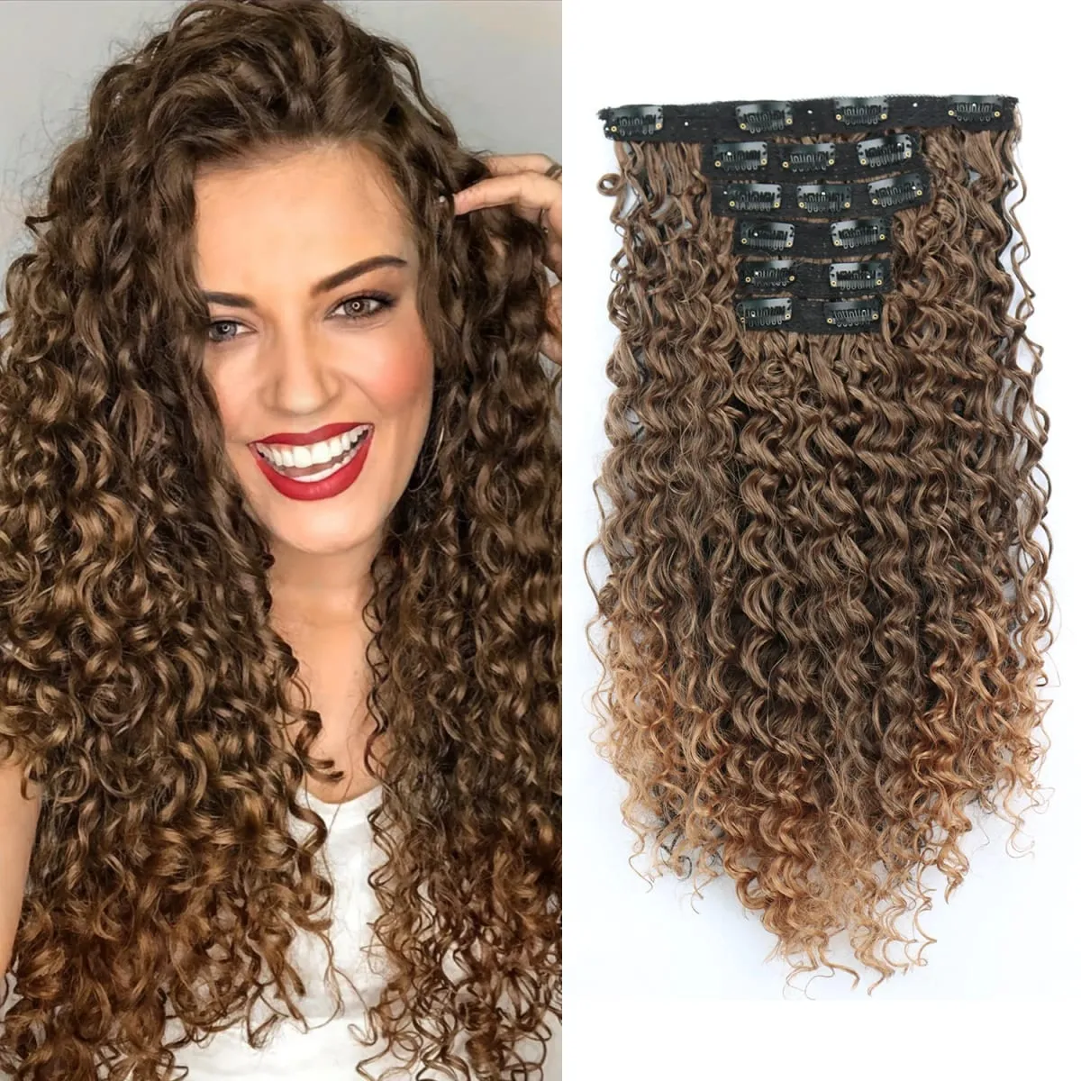 16 Clip In Hair Extensions Synthetic Kinky Curly Full Head Fake Pieces Brown Black Hair Extensions Suitable For Black Women — image 10