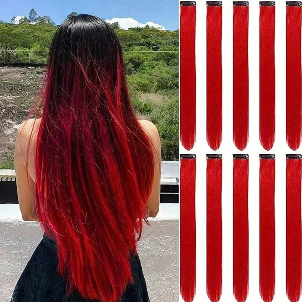 Synthetic 10Pcs Colored Party Highlights Clip in Hair Extensions for Girls Multi-colors Straight Hair Hairpieces for Daily Use