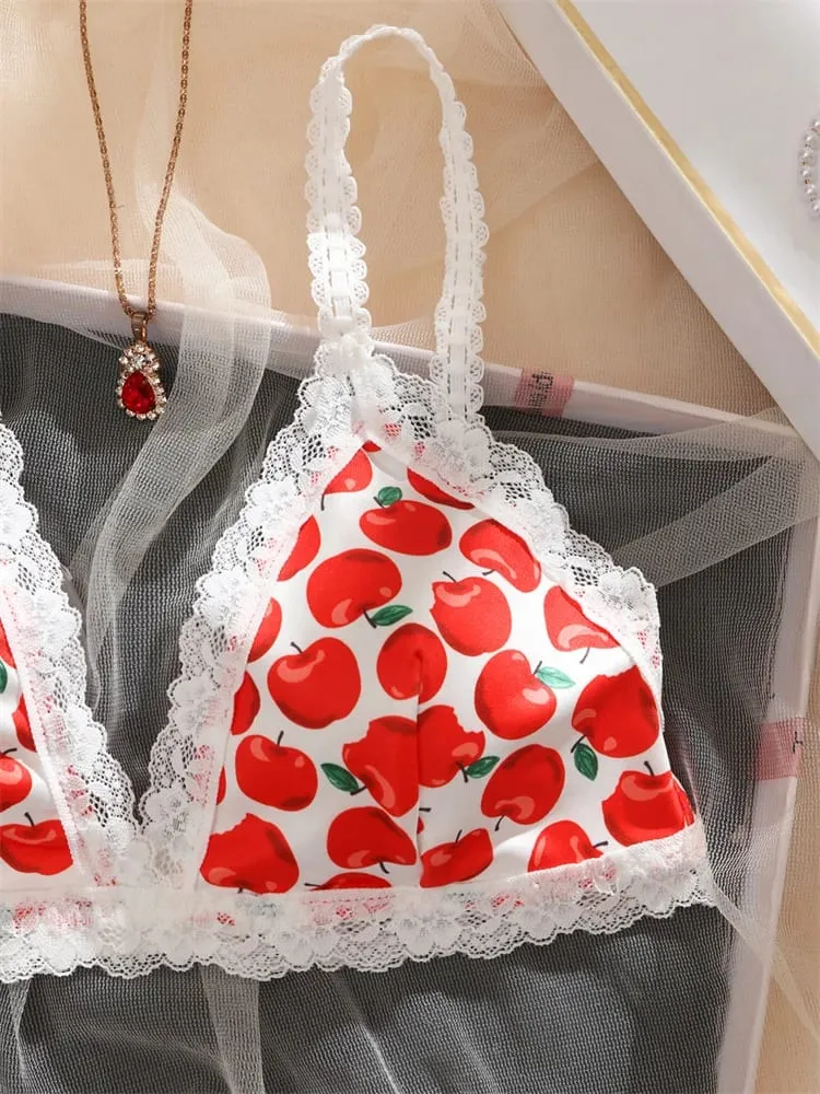 Women's Cute Apple Print Lingerie Set Wireless Triange Bra&Thong 2 PCS Bralette Sets Sweet Fruit Pattern Intimate Lace Underwear — image 4