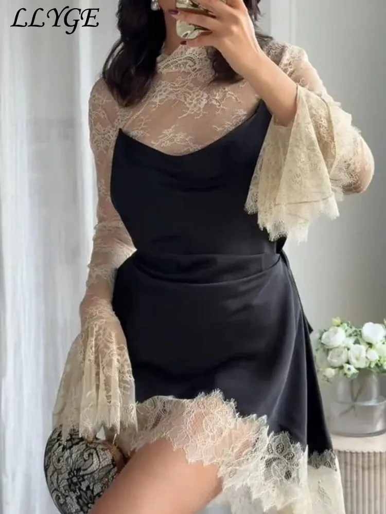 Elegant Lace Patchwork Short Dress Women See Through High Collar Flare Sleeve Party Dresses 2025 Autumn Lady Evening Robes — image 4