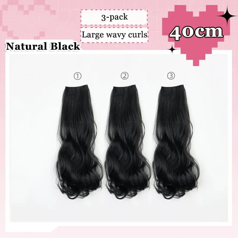 3Pcs/Set 6Clips Hair Extension Black Long Large Wavy Curls Natural Hair Hairpiece Heat Resistant Fiber For Women Hairstyle