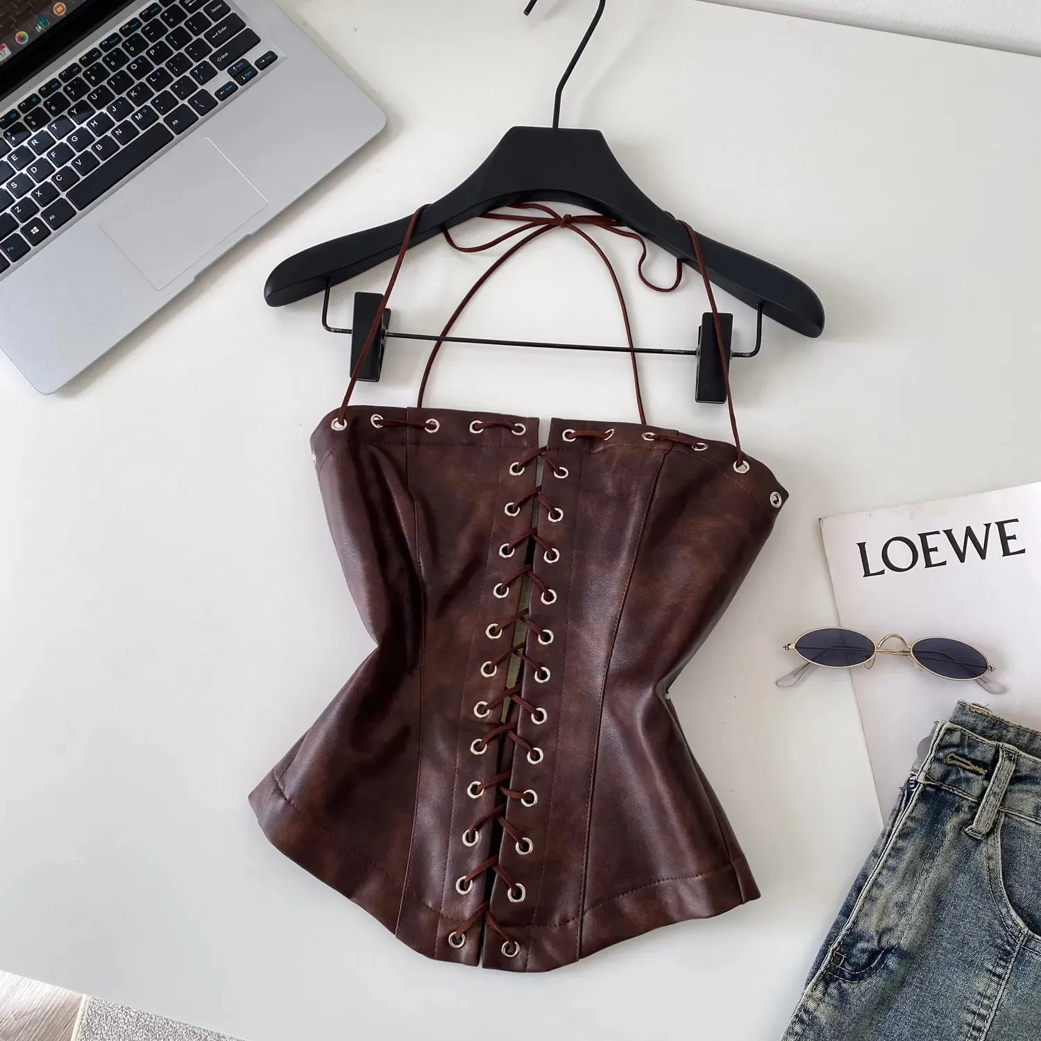Sexy Bandage Pu Solid Tanks Top Vintage Corset Bustier Korean Autumn Camis Women Party Crop Top Y2k