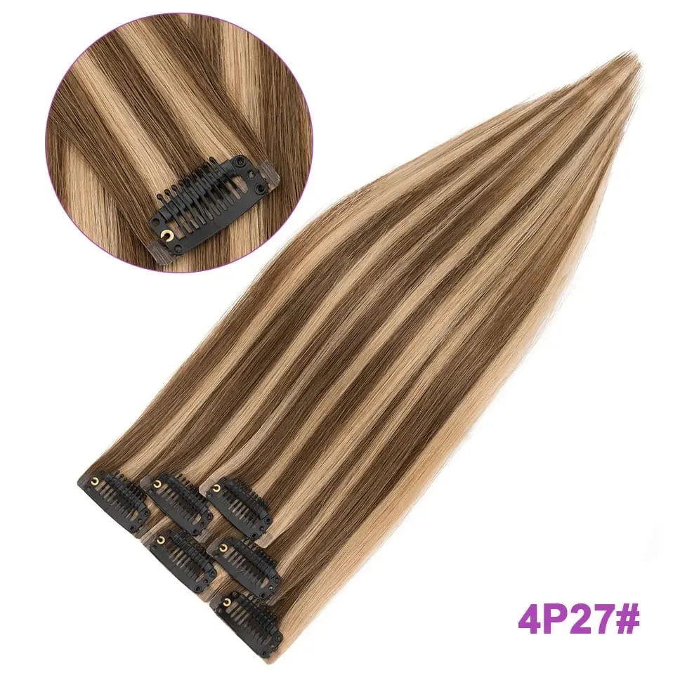 S-noilite Seamless PU Thin Weft 6Pcs Clip in Hair Extensions Real Human Hair Straight Soft Silk Clip in Extensions for Women