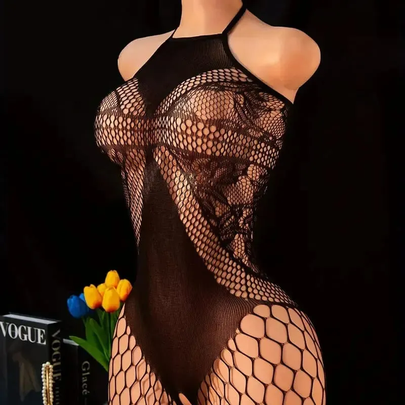 Women's Black Lace Fishnet Halter Neck One-Piece Bodystocking Wireless Unlined Stretch Mesh Lingerie One Size 8 Styles — image 2