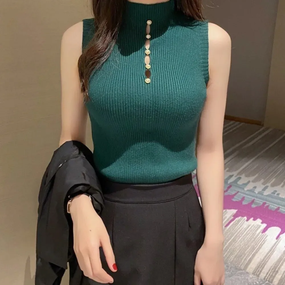 Elegant Solid Color Knitted Vest Sleeveless Slimming Tees T-Shirt Half-turtleneck Tank Top Women — image 11