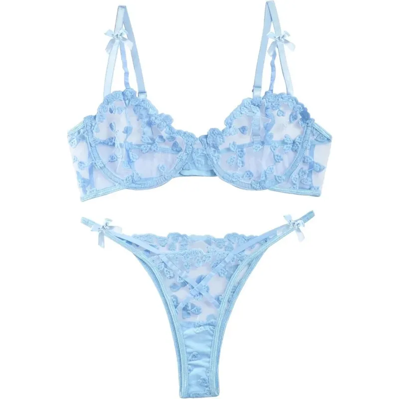 Women's Underwire Push-Up Sheer Lingerie Set – Strappy Embroidered Mesh Bra & Panty