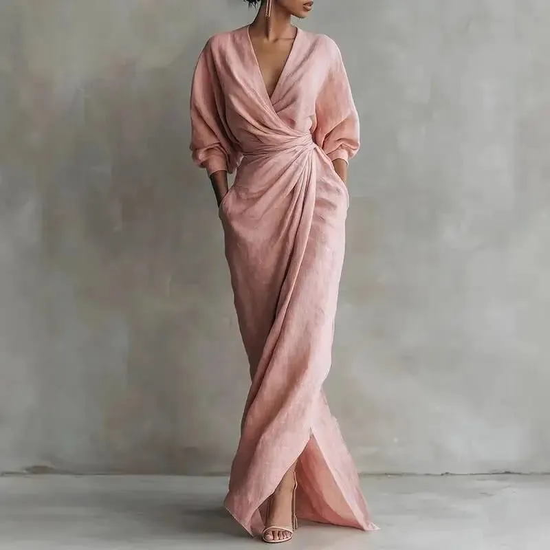 Women's Sexy V Neck Wrap Waist Dresses 2026 Spring Casual Solid Slim Bodycon Hips Elegant Long Sleeve Slit Maxi Dress — image 3