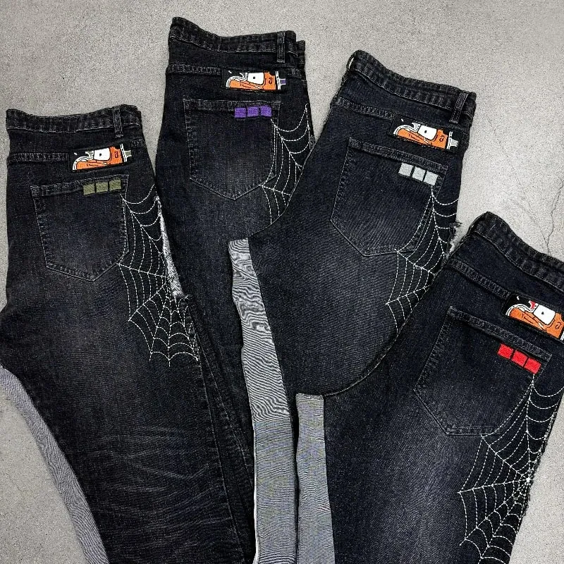 Y2k Hate Society Flared Jeans Men Retro Spider Web Embroidery Washed Jeans American Hip Hop Streetwear Unisex Bootcut Jeans — image 3