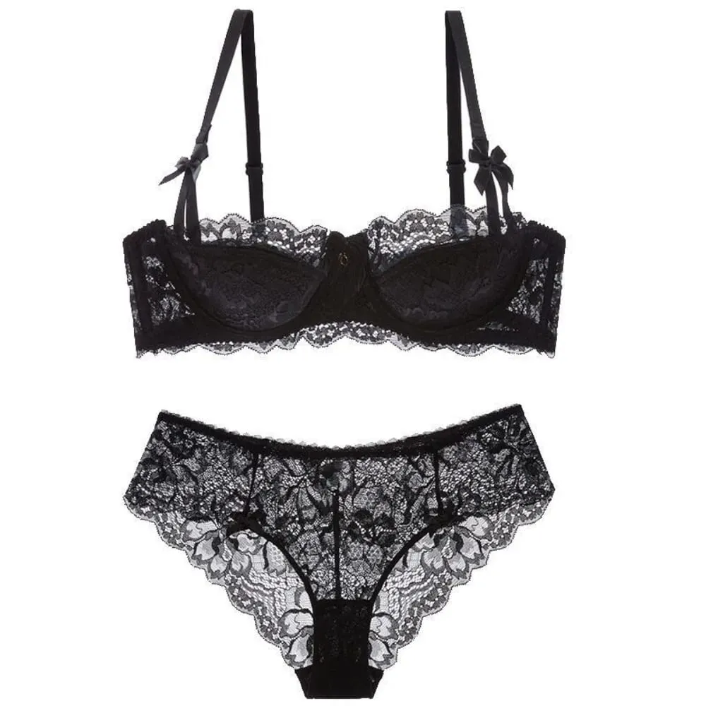 セクシー French Lace Half Cup Bra Set Bow Shoulder Strap Thin Large Bust Minimizer Pure Desire Lingerie For Teen Girls Daily Outfit — image 6