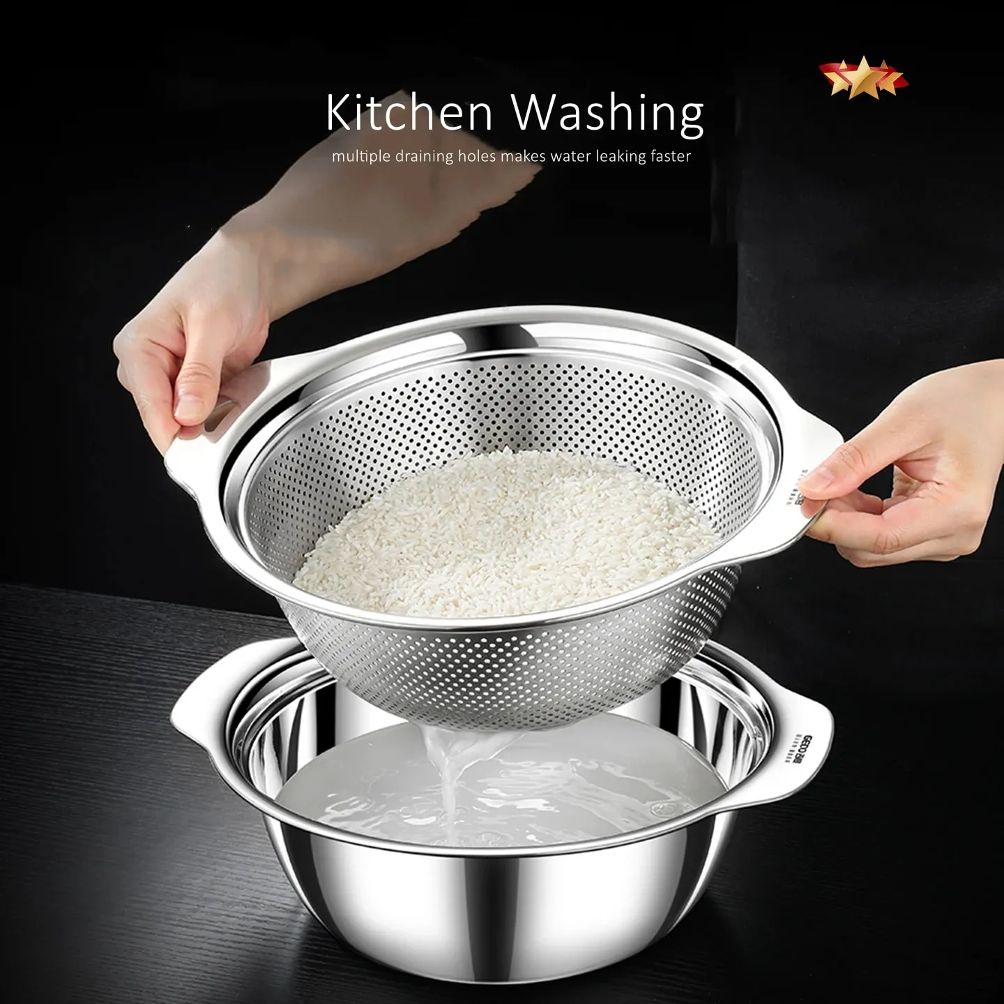 Certificação LFGB 304 Bacia de drenagem de lavagem de cozinha em aço inoxidável 23cm ~ 31cm de diâmetro Coador com furos pequenos densos — image 6