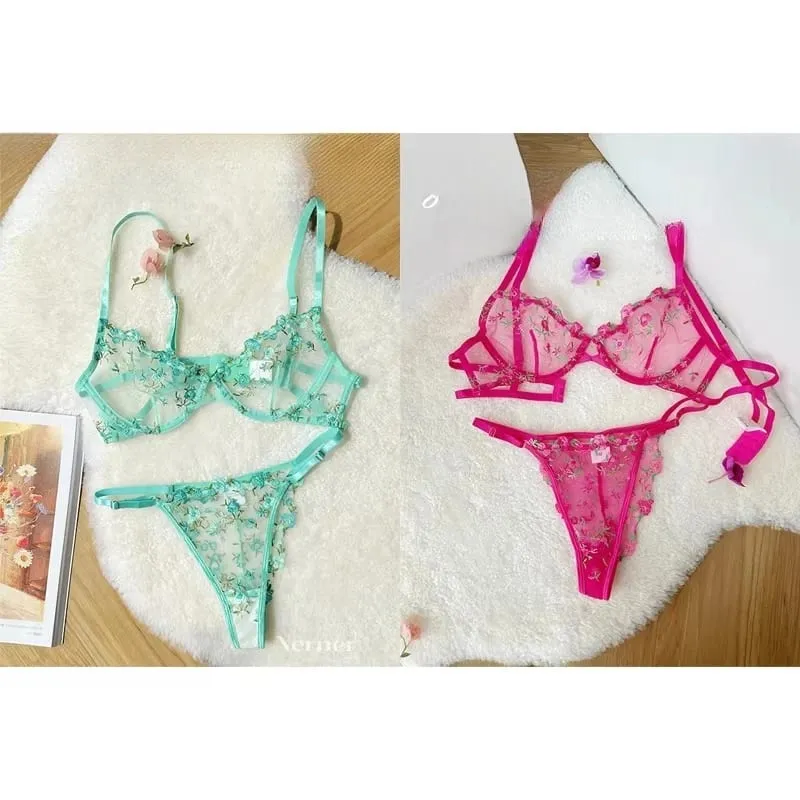 Korean Hot Lace Bra Set Floral Embroidery Transparent Mesh Ultra Thin Big Bust Modest Summer Ladies Daily Wear Underwear 32-38 — image 6