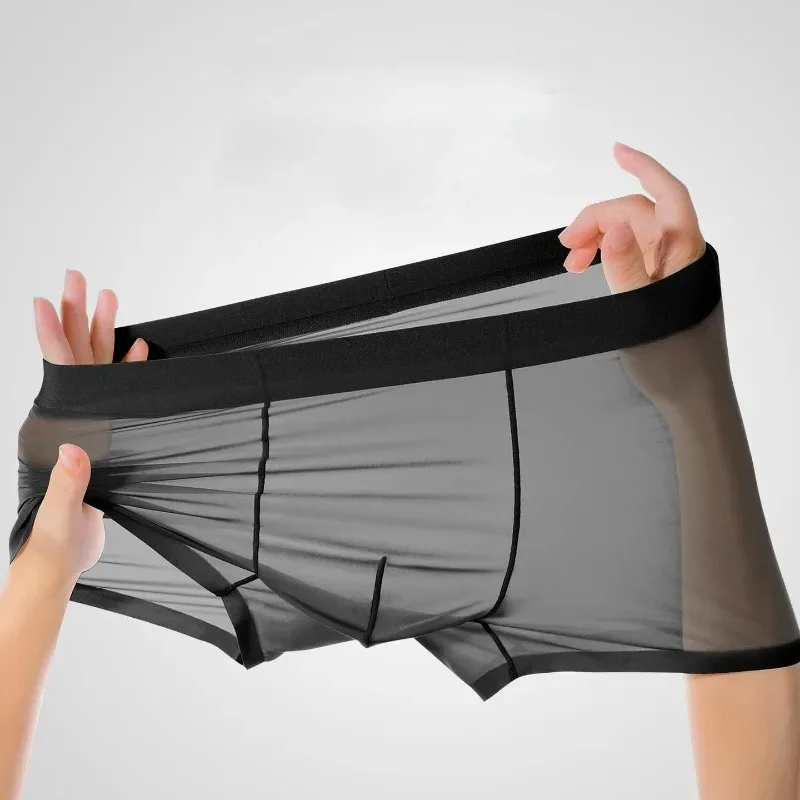 Men's Transparent Boxer Briefs Lightweight Elastic Mid-Waist U-Convex Seamless Thin Perspective Shorts for Comfortable Fit