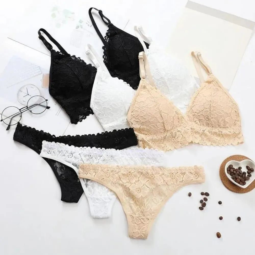 Fashion V Neck Lace Flower Bra Set Thong Solid Color Floral Panties Bra Kit Low Waist Lingerie Lace Underwear Girls — image 3