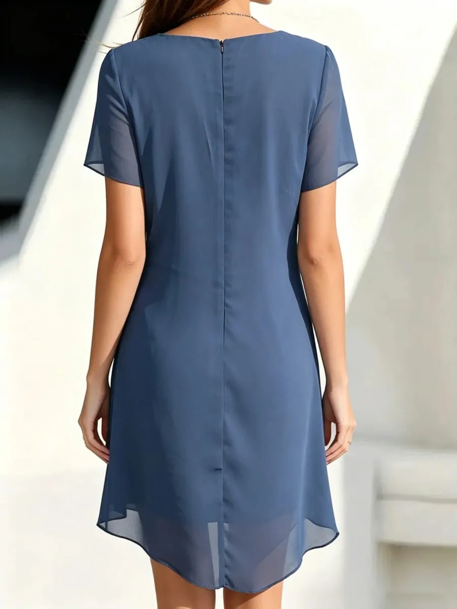 Women's Party Dress Chiffon Short Sleeve Round Neck Layered Asymmetrical Hem Formal Cocktail Dress — image 6