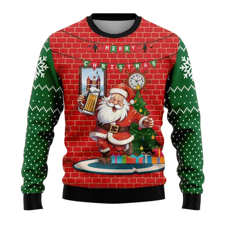 3D Printed Cartoon Santa Claus Sweatshirt For Men Merry Christmas Pattern Hoodies Casual Harajuku Loose Tops Round Neck Pullover