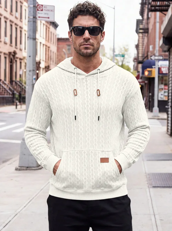 Men Thin Cable Knit Hooded Sweatshirt Drawstring Hood Kangaroo Pocket Long Sleeve Loose Casual Pullover Autumn Daily Street Tops — image 17