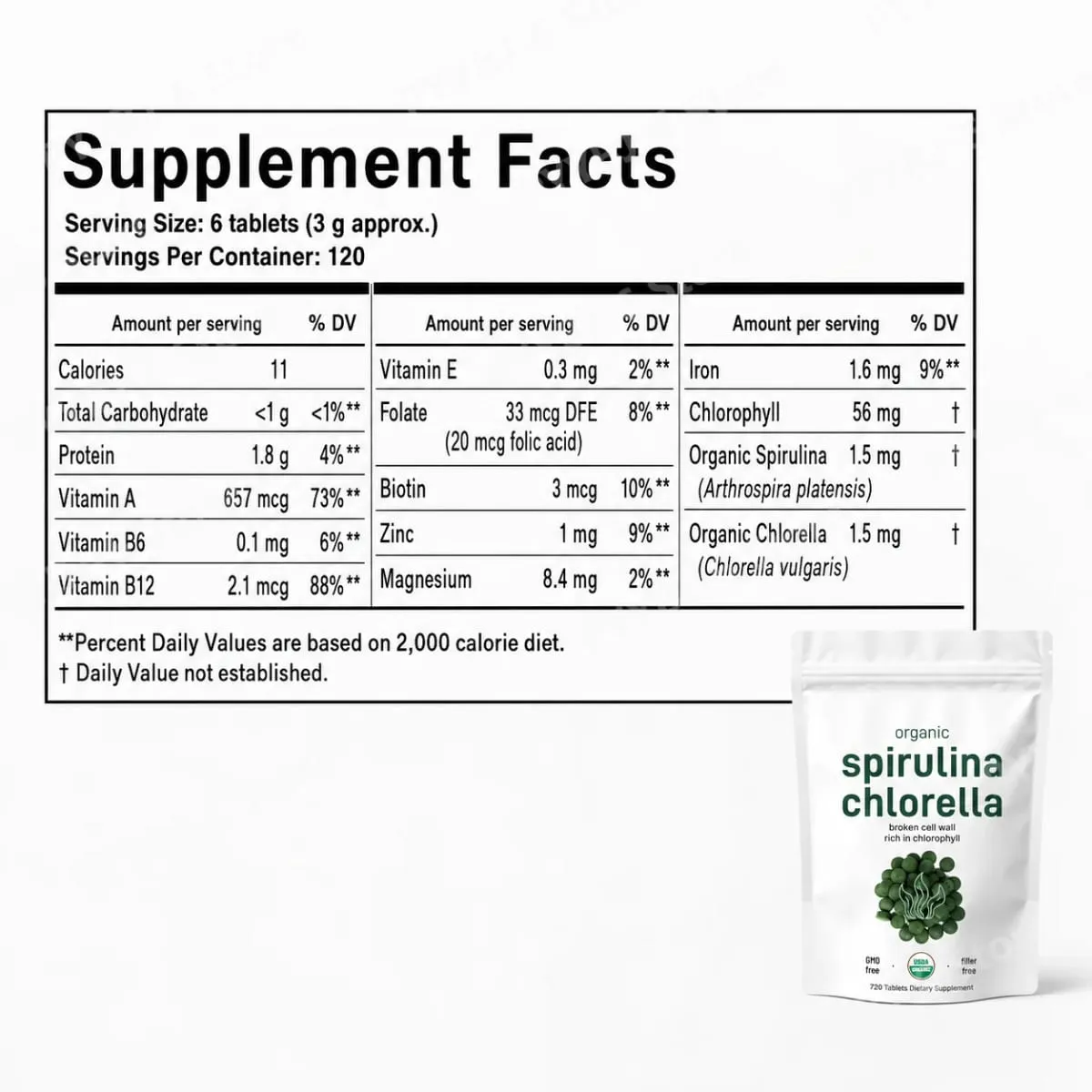 Organic Spirulina Chlorella Tablets 3000mg 720 Count Superfood Blend with Vegan Protein Energy Immunity Digestive Support — image 2