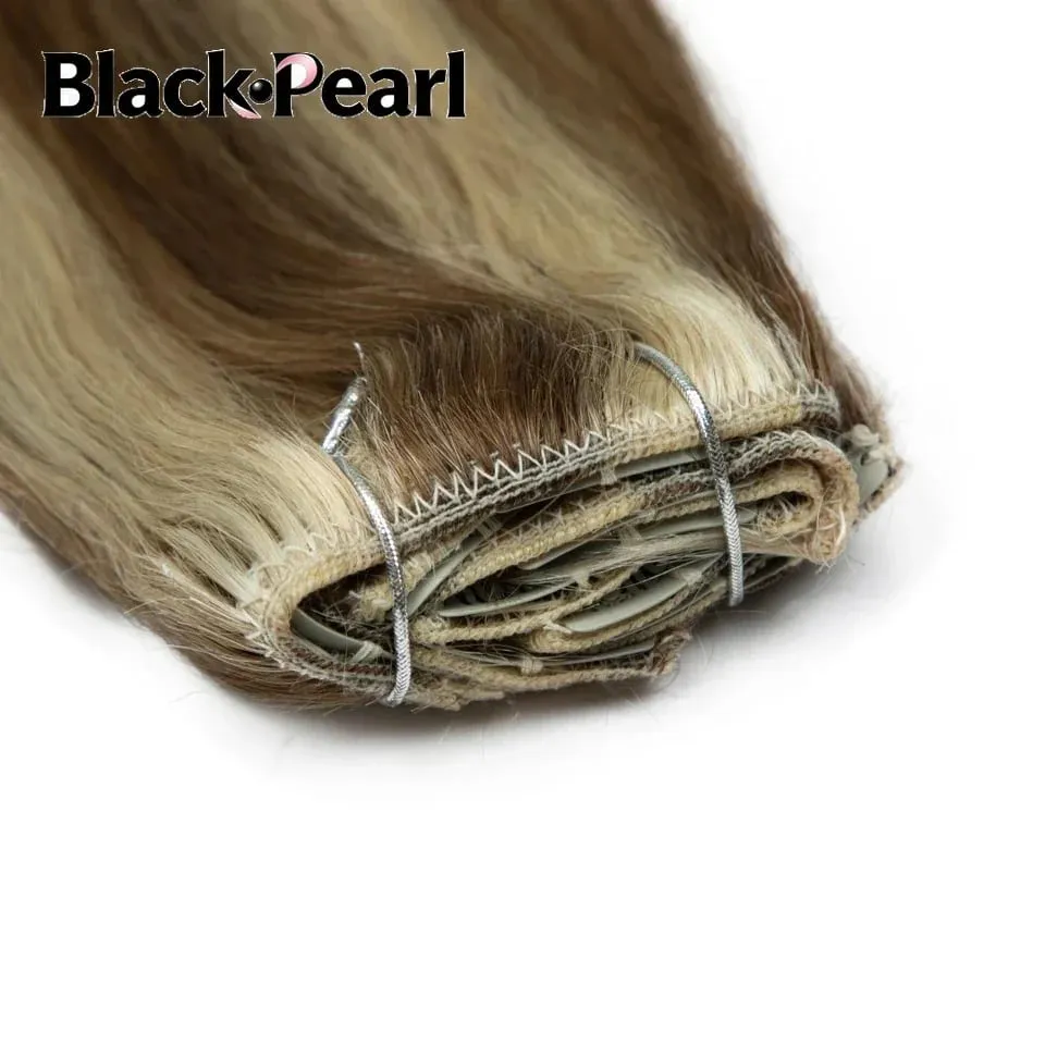 7PCS Double Weft Balayage Clip in Human Hair Extensions Light Brown to Bleach Blonde Ombre Remy Natural Straight Seamless for Wo