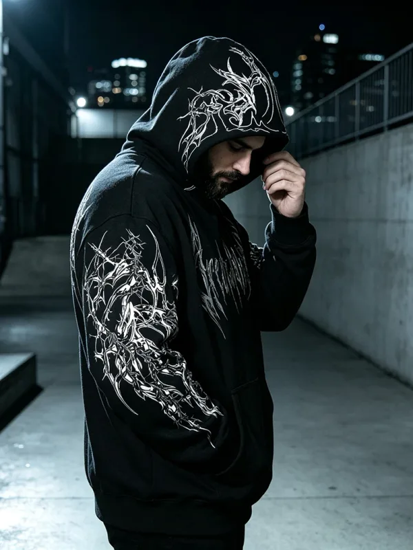 Men Alt Gothic Pullover Hoodie Y2k High Street American Style Dark Thorn Print Fleece Lined Loose Biker Fall Winter Sweatshirt — image 4