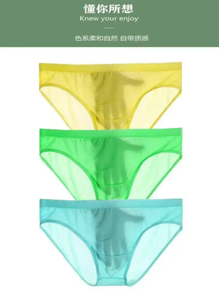 Mens Lightweight Silk See Through Bikini Briefs Solid Seamless Quick Dry Transparent Underwear Breathable Daily Intimates
