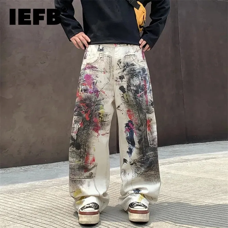 Edgy Men's Splatter Paint Jeans Black White Print Wide Leg Baggy Fit Distressed Streetwear Premium Denim Pants 9X2984 — image 2
