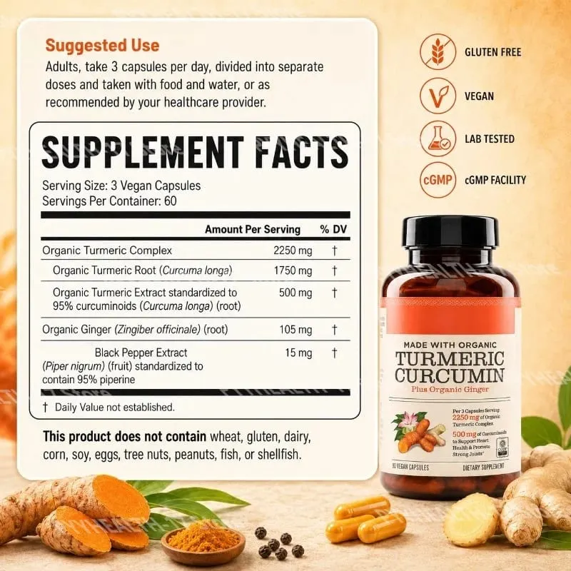 Turmeric Curcumin Plus Vegan Capsules Made with Organic Ginger Supports Joint Health and Heart Health Non-GMO 90 Capsules — image 3