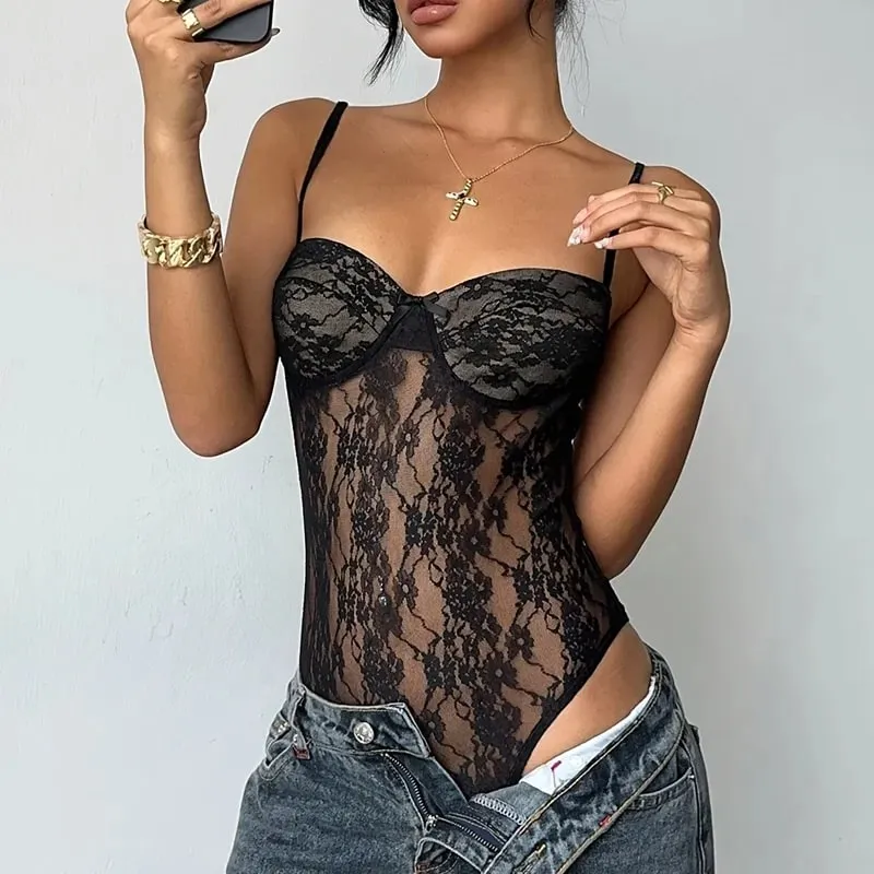 Y2k Women's Black Lace Bodysuit Summer Sheer Spaghetti Strap Bow Detail Slim Fit Party Streetwear Going Out Sexy Bodysuit Tops — image 3