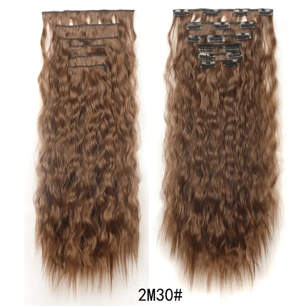 Clip in Synthetic Hair Extensions Brown Blonde Color Mermaid Waves Synthetic Hair Pieces for Women 6pcs Set