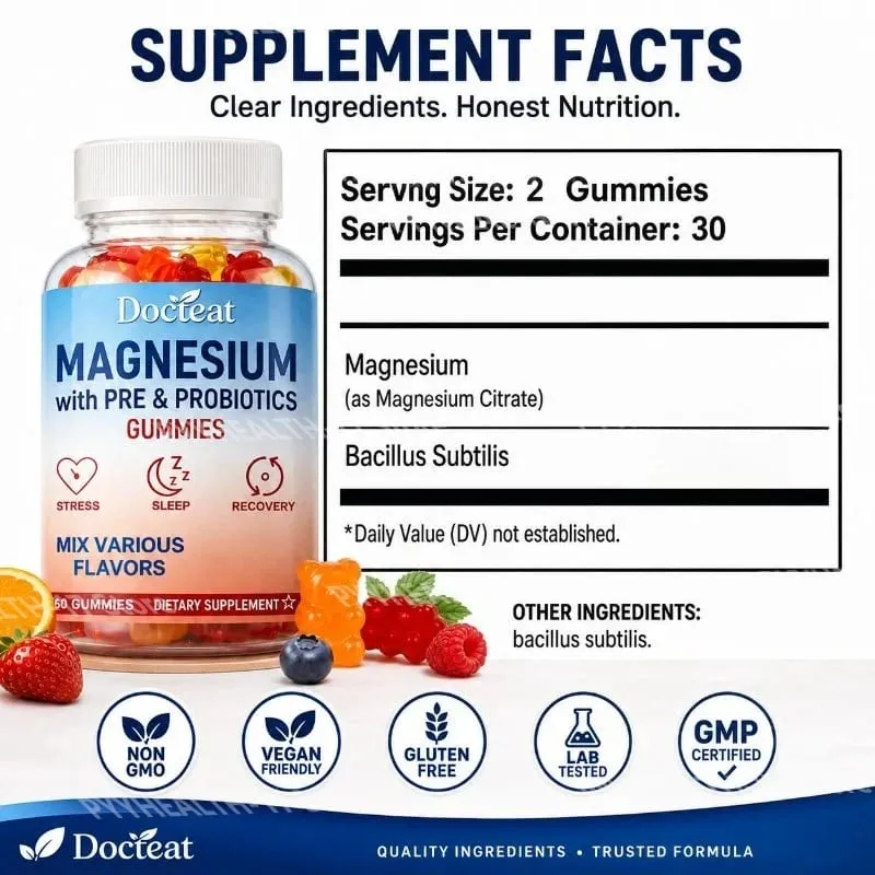 Docteat Magnesium Gummies with Pre & Probiotics for Stress Relief Supports Restful Sleep Relaxation and Recovery 60 Gummies — image 3