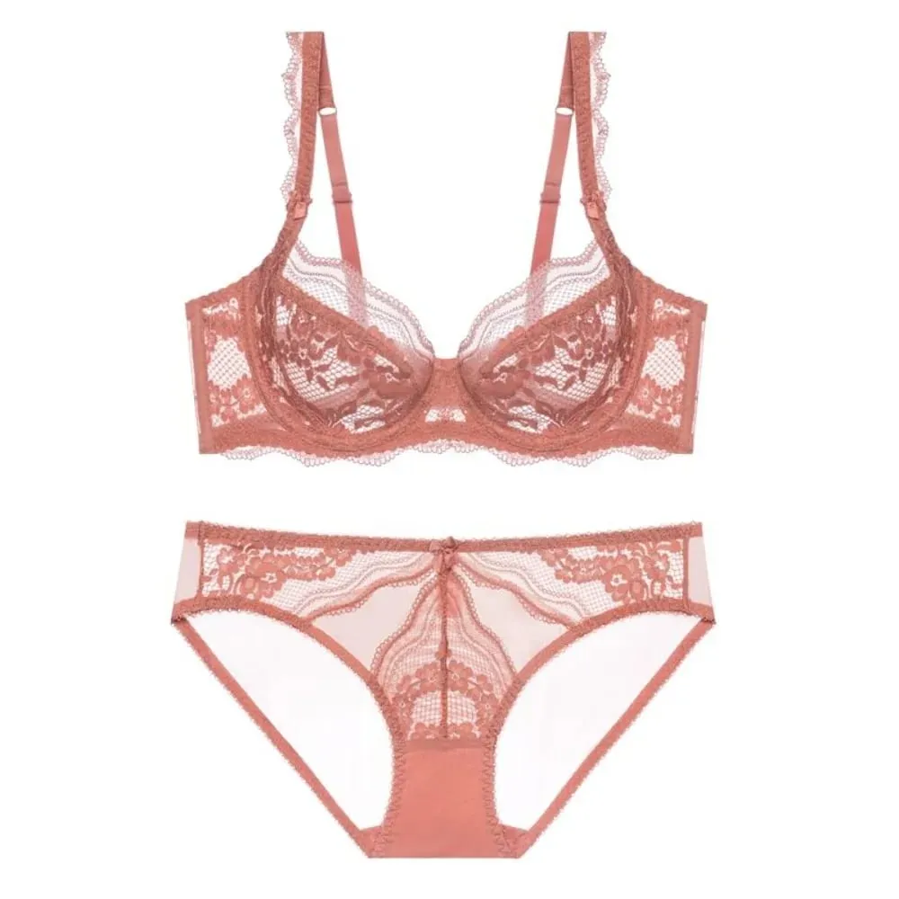 Plus Size Full Bust Minimizer Bra Set Sheer Floral Lace Thin Anti Sag Support Transparent Underwear Women Breathable Intimates — image 3
