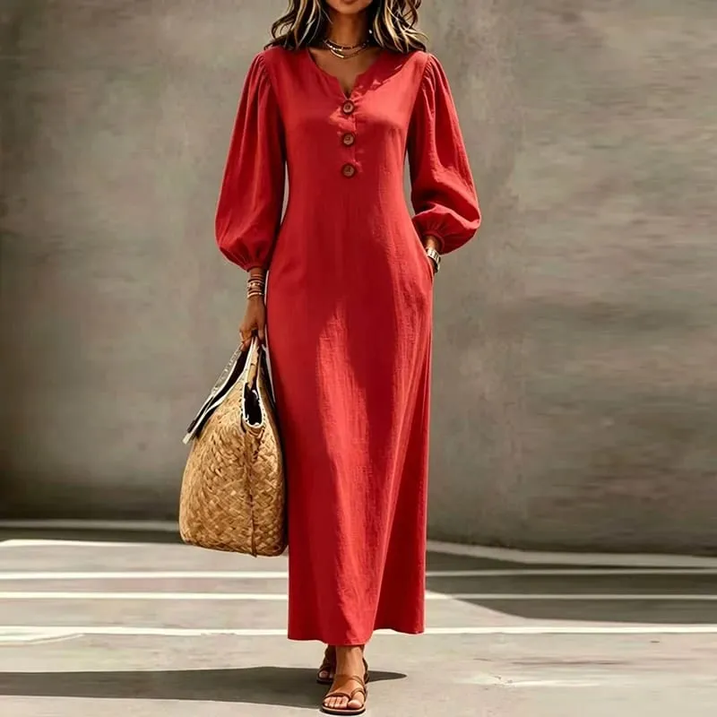 Vintage Casual Long Dress Women V Neck Wrist Puff Sleeve Loose Beach Holiday Dresses Women Casual Button Up Maxi Dresses Robe — image 2