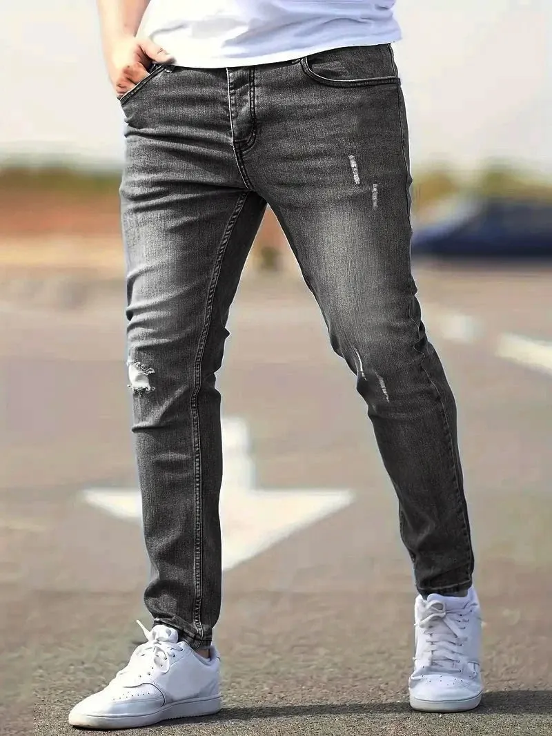 Men's American Retro Hole-Punched Stretch Slim Fit Jeans Zipper Casual Streetwear Denim Pants Classic Black Blue Skinny Trousers — image 5