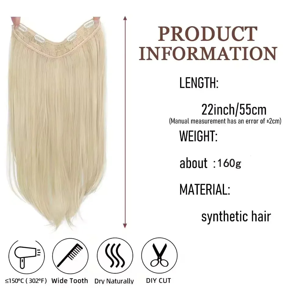 22Inch Synthetic Long Straight Layered Clip-in Hair Extension V-shaped Black Blonde Invisible Hairpiece for Women — image 3