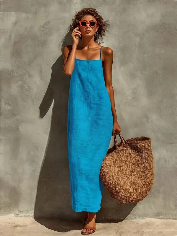 2026 Summer Women Cotton Linen Spaghetti Strap Maxi Dress Solid Color Loose Sleeveless Slip Long Dress Bohemian Beach Vacation S — image 6