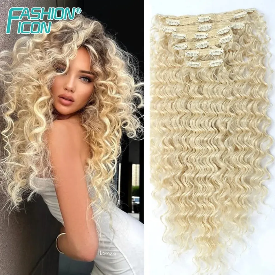 24 Inch Deep Wave Clip In Hair Extensions Synthetic Ombre 7Pc/140g Full Head Curly Hairpieces Heat Resistant Fake Hair for Women — image 14