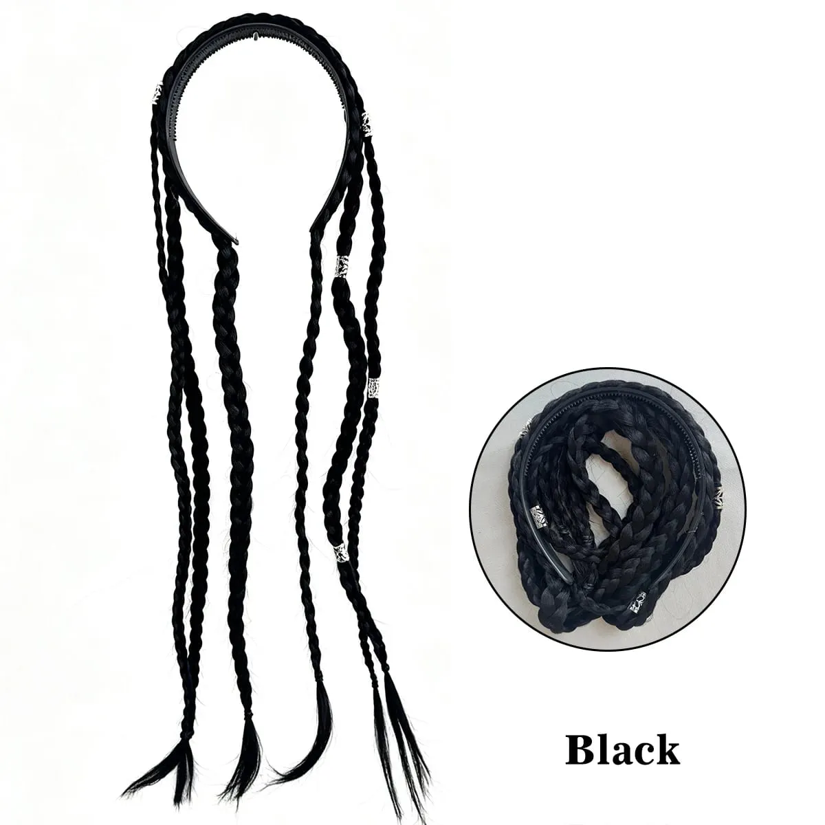 Synthetic Braided Headband Wig Braids Hairband With Decorative Silver Rings Long Box Braid Headband Hairpieces For Women Daily
