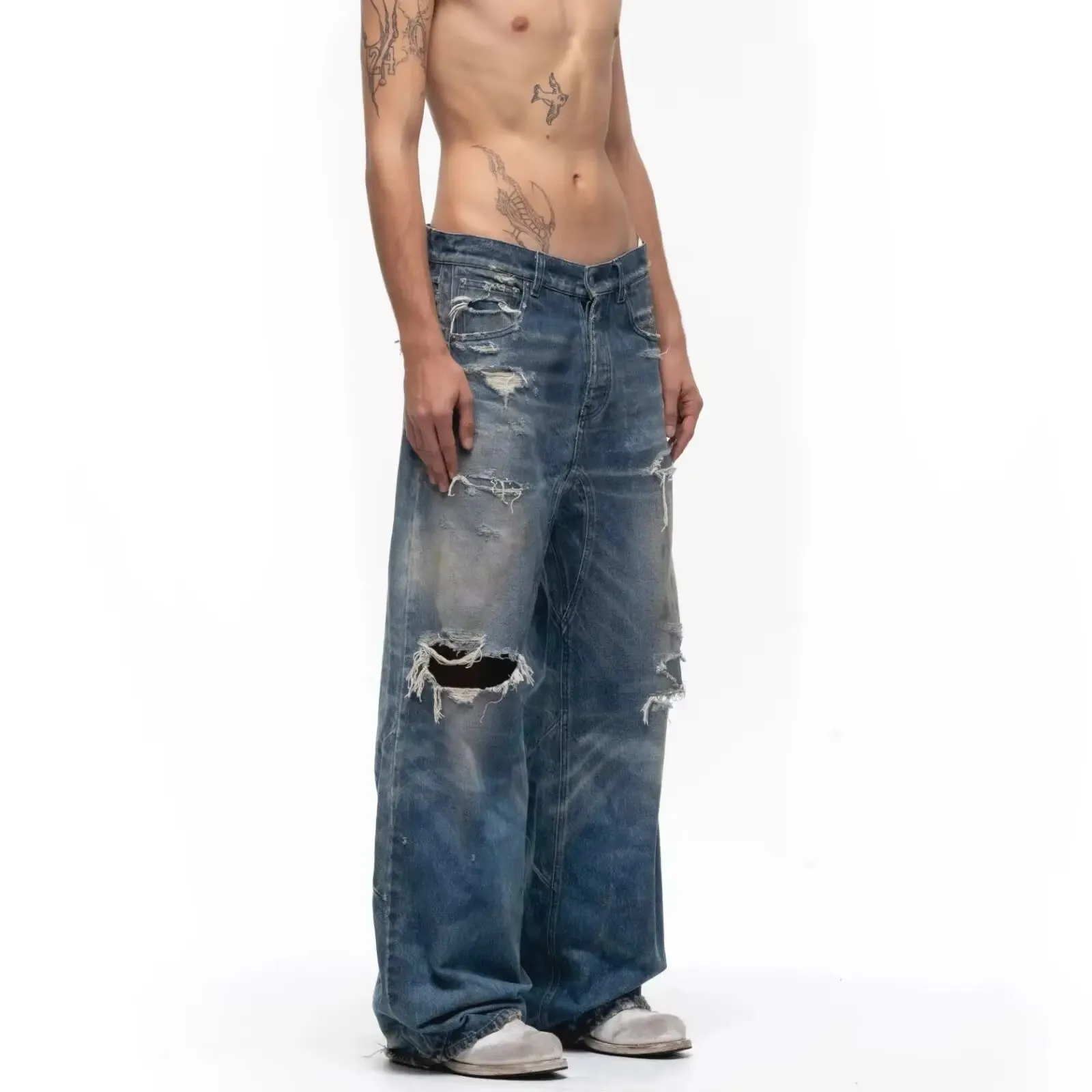 Unisex Jeans 2026 Spring Autumn Men's American Hollow Out Washed Retro Jeans Loose Wide Leg Straight Pants Hole Ripped Trousers — image 4