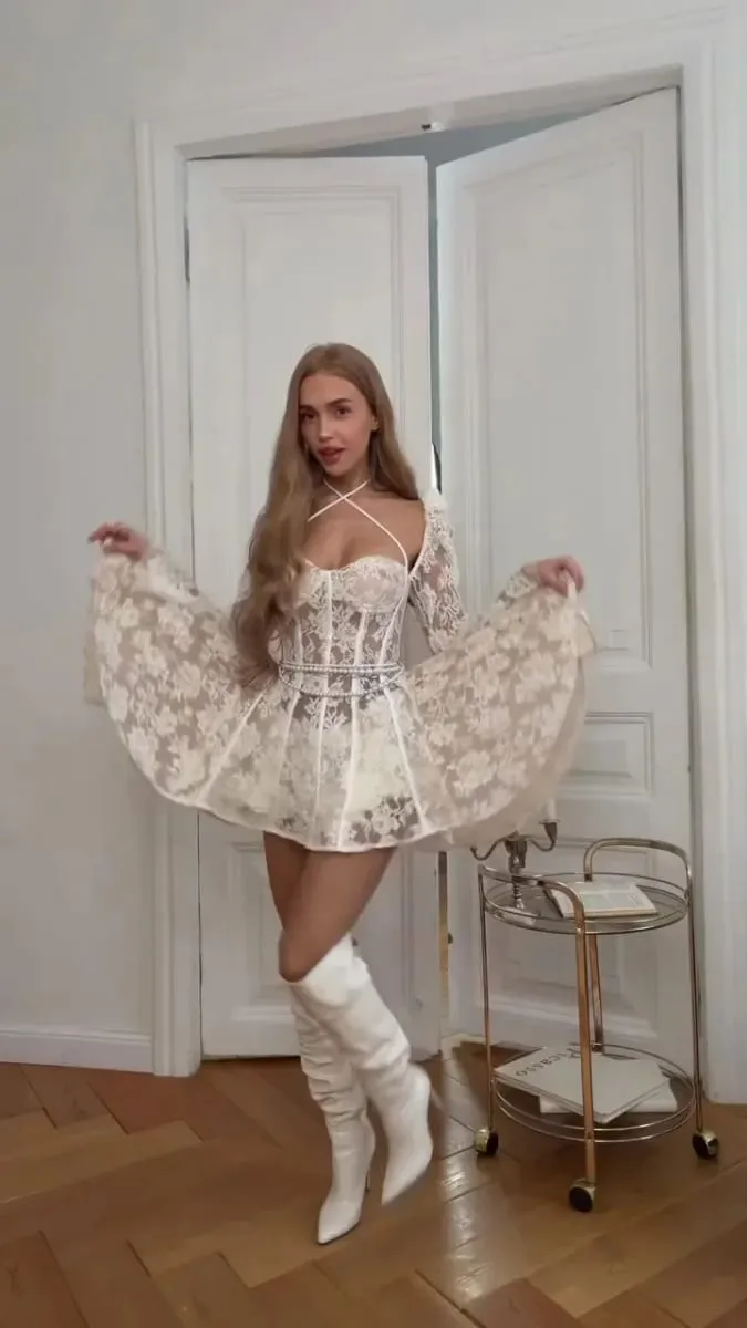 Sexy Lace Lace-up Fishbone Mini Dress Women's Backless Full Sleeve See Through A-line Vestido 2026 Lady Evening Party Gowns — image 3